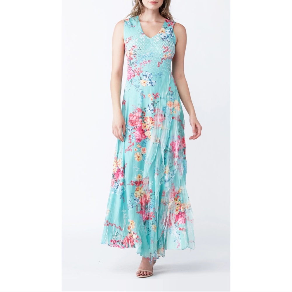 Komarov Aqua Floral Maxi Dress with Pink and Yellow Accents